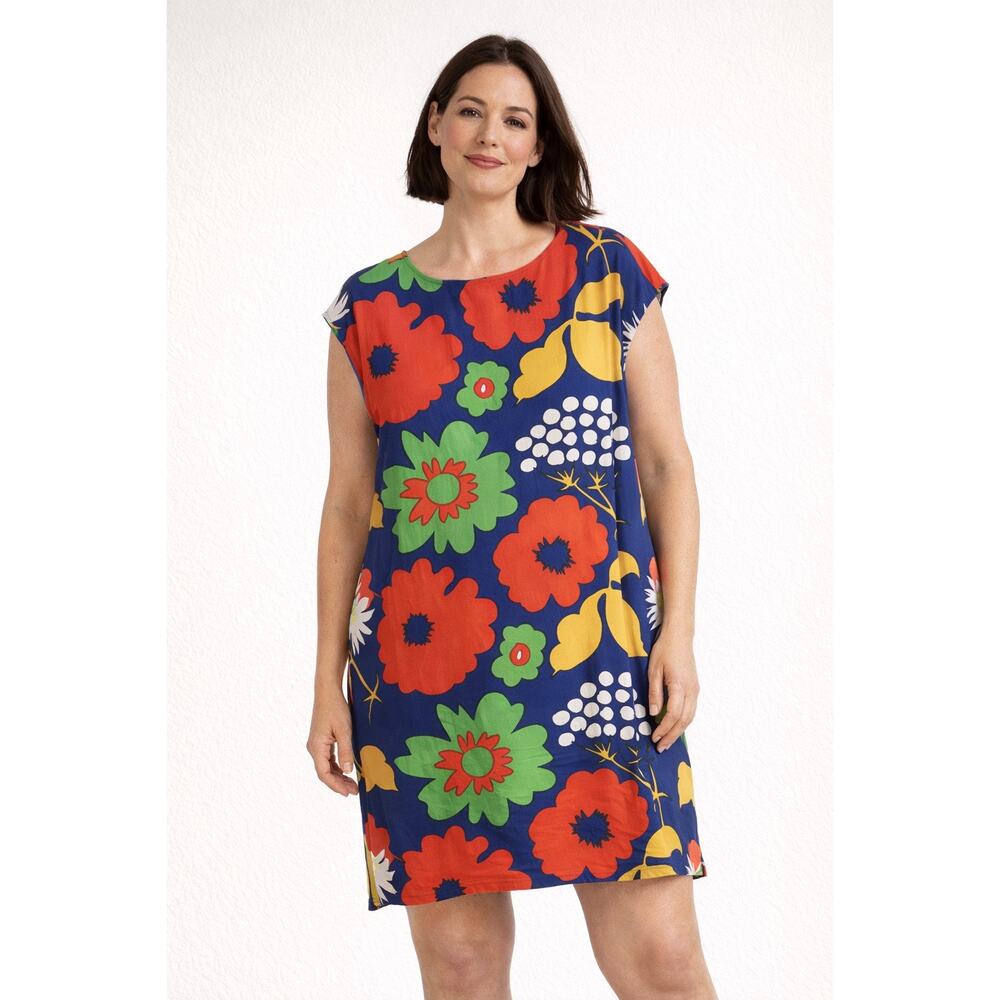 Marimekko for Target Blue Floral Dress Preppy Retro Vacation Beach Womens XS